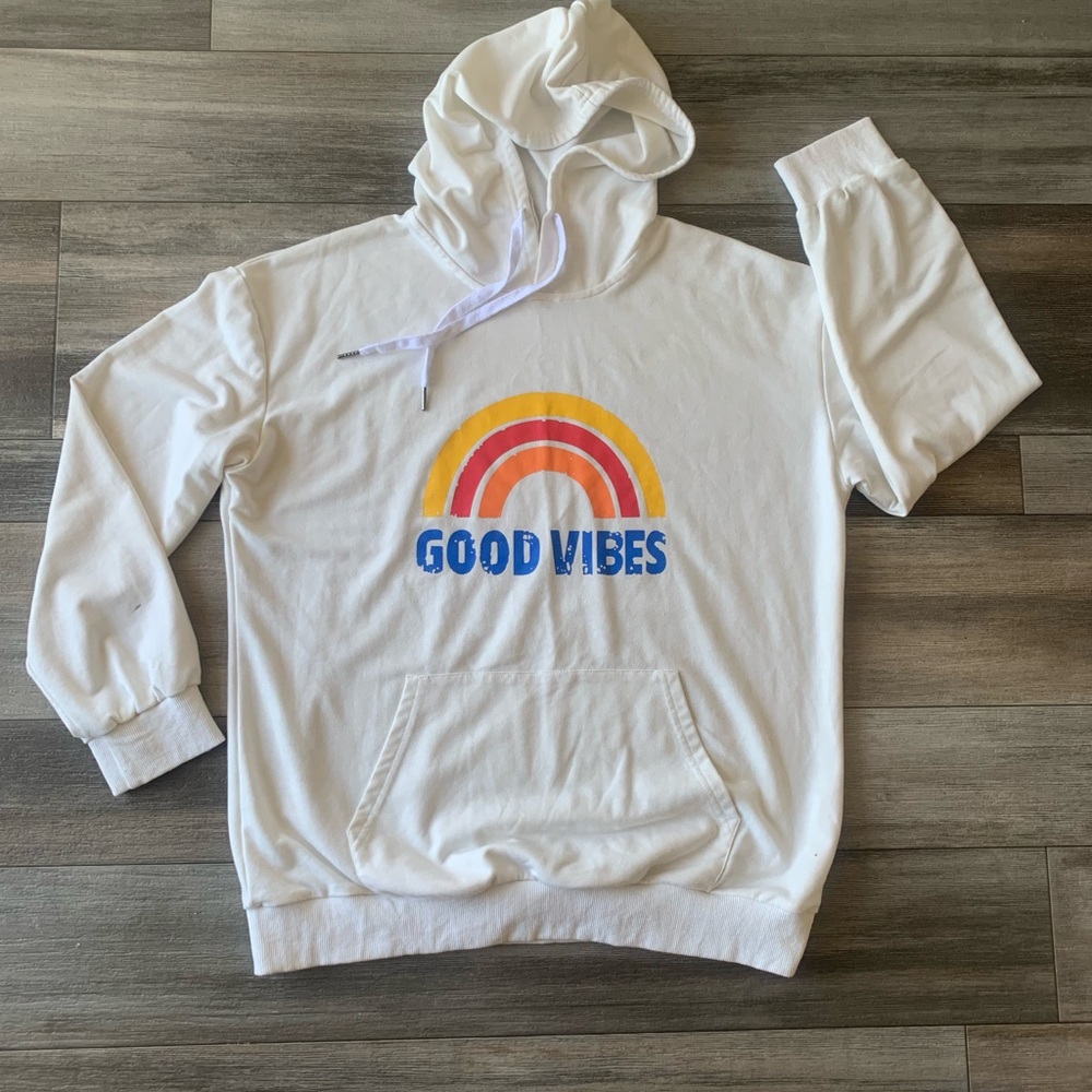 White Hoodie with 'Good Vibes' Rainbow Graphic